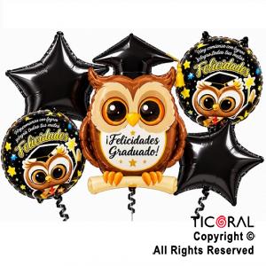 SET DE GLOBOS METALIZADO FELICIDADES GRADUADO BUHO 5 UNIDADES